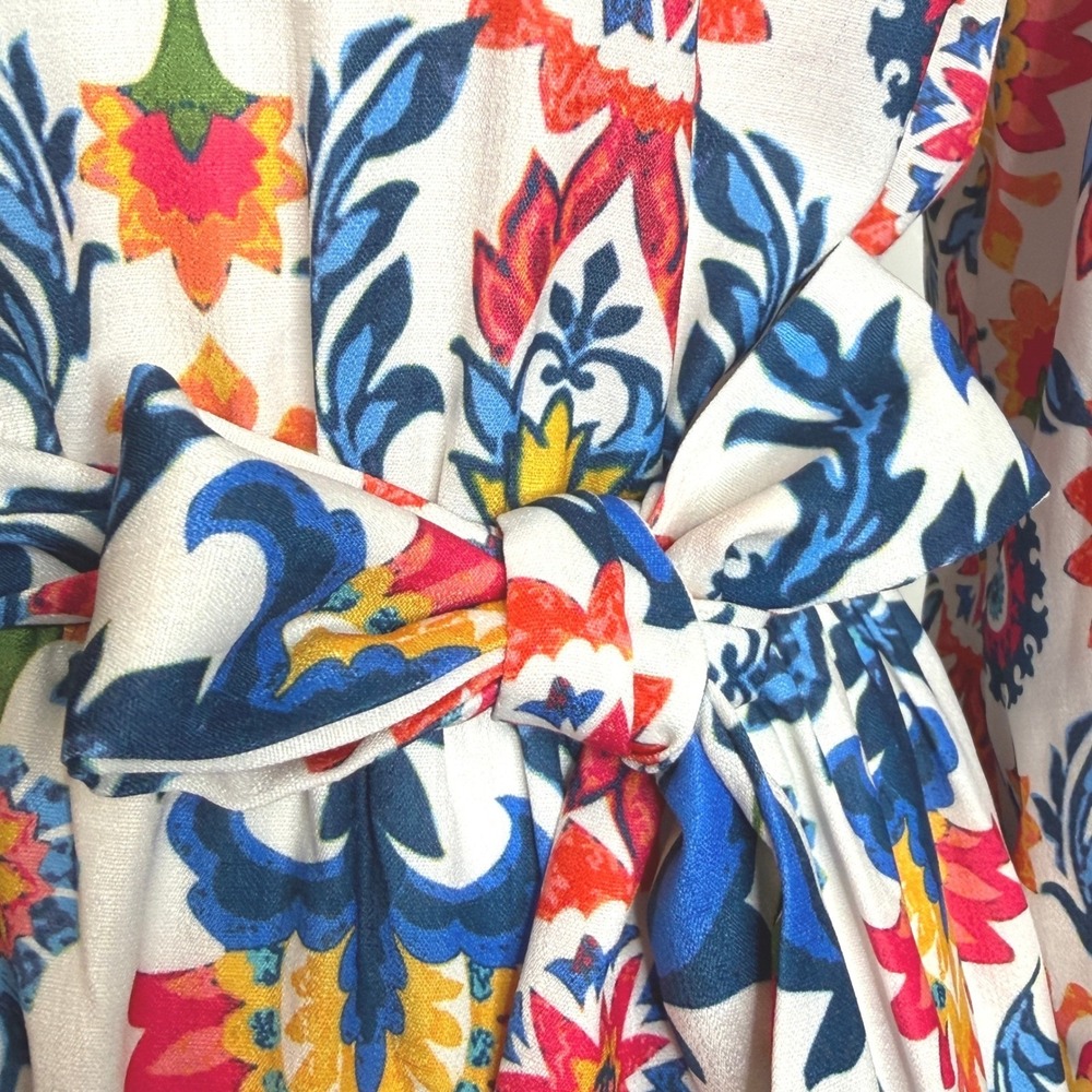 AURA Medallion Mini Dress S White Multicolor Boho Tassel Sleeve Tie Waist Summer - Picture 3 of 12